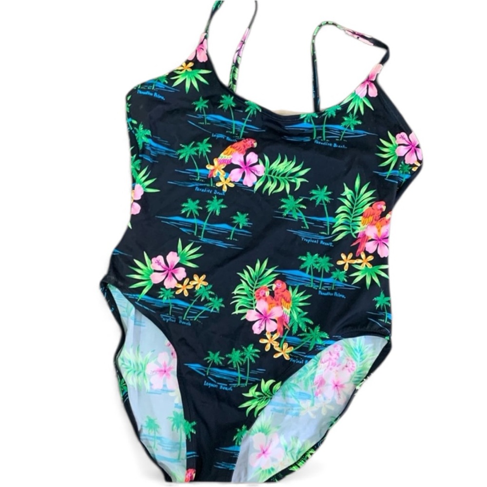 Islander Tropical One-Piece Swimsuit – Size 14 – Parrot & Palm Print